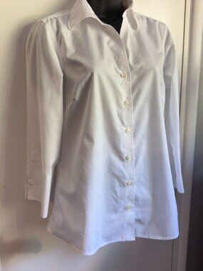 Lands End White No Iron 100% Cotton 3/4 Sleeve Button Front Blouse Shirt Sz 8